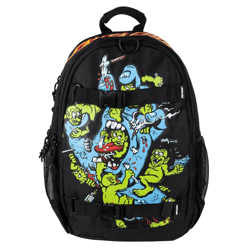 Black Santa Cruz kids backpack with blue screaming hand and green gremlin graphic, mesh side pockets, and buckle straps.