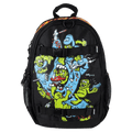 Black Santa Cruz kids backpack with blue screaming hand and green gremlin graphic, mesh side pockets, and buckle straps.