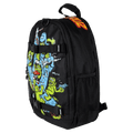 Black Santa Cruz Gremlin Patrol kids backpack with blue screaming hand and green gremlin graphics and mesh side pocket.