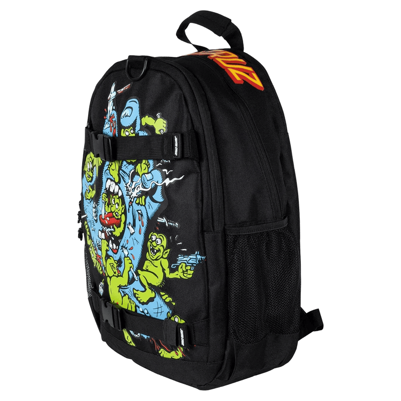 Black Santa Cruz Gremlin Patrol kids backpack with blue screaming hand and green gremlin graphics and mesh side pocket.