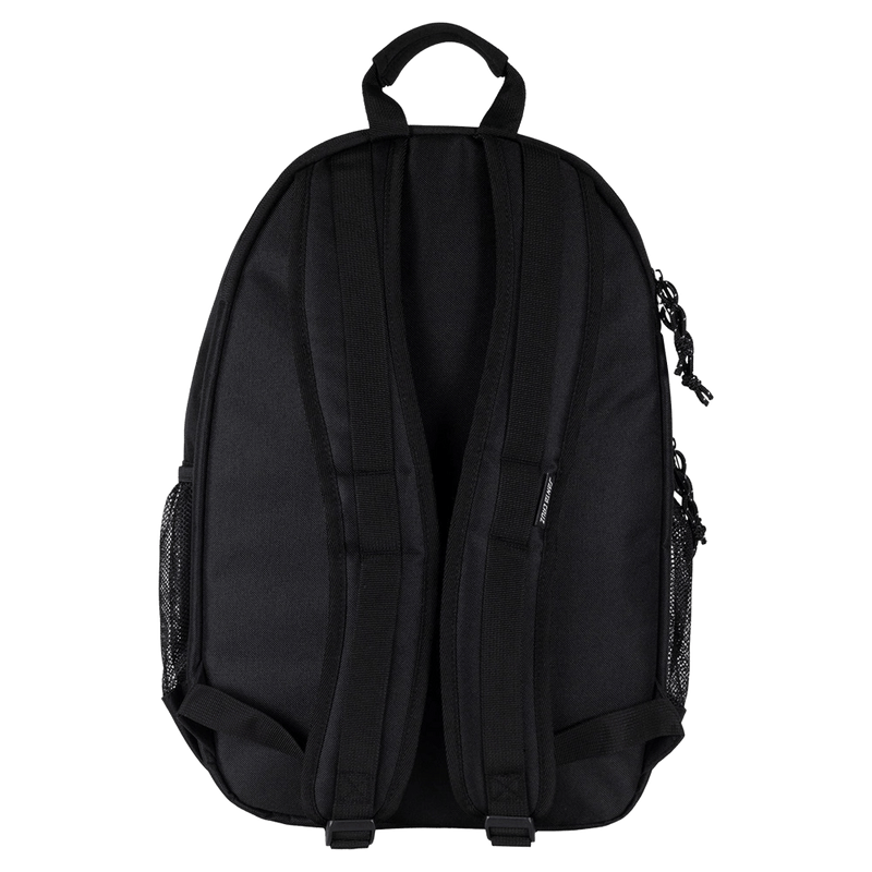 Back view of a black Santa Cruz Gremlin Patrol Kids Backpack with padded shoulder straps and mesh side pockets.