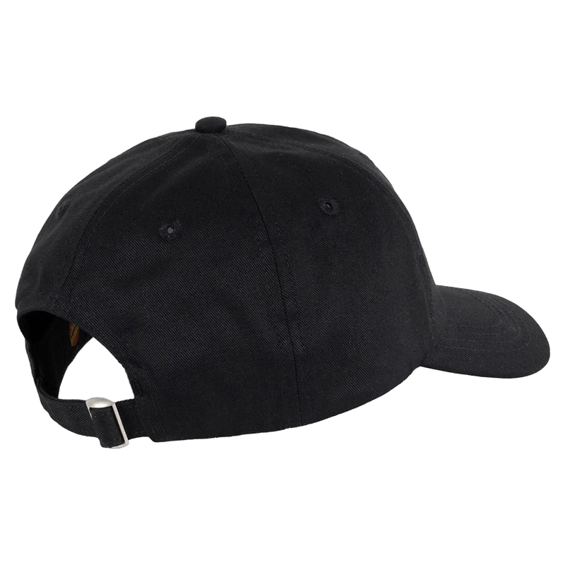 Rear view of a black Santa Cruz kids' dad cap with an adjustable strap and silver metal buckle.