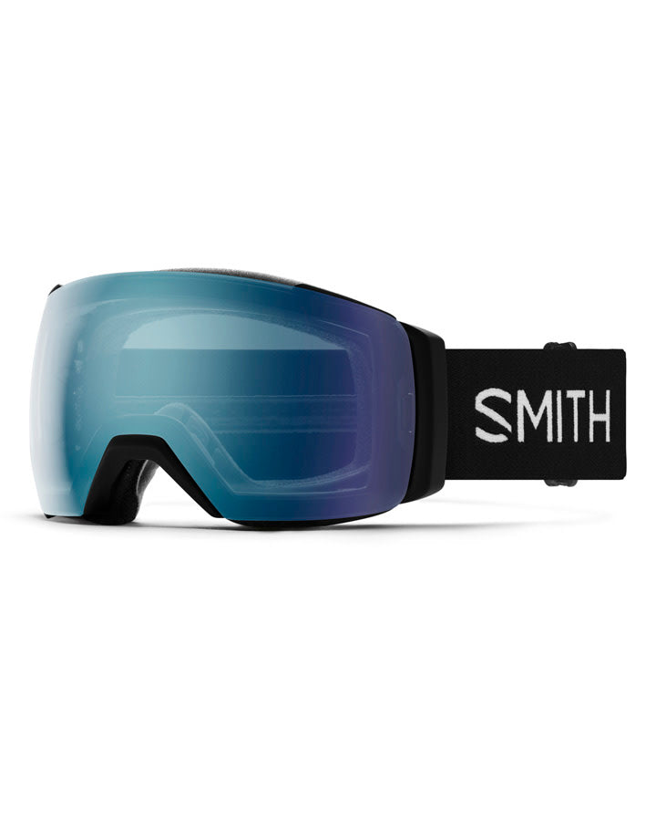 Smith I/O Mag XL ski goggles with a blue mirrored lens and black strap featuring a white Smith logo.