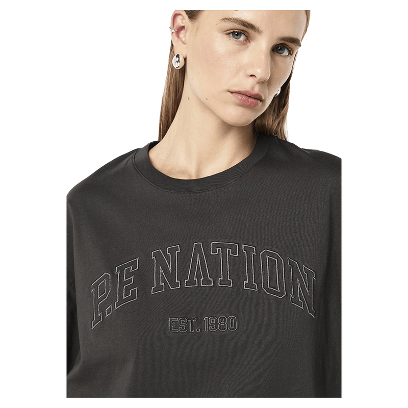 Close view of the PE NATION Core Oversized Tee Caviar Tee,  26/27 Womens's model