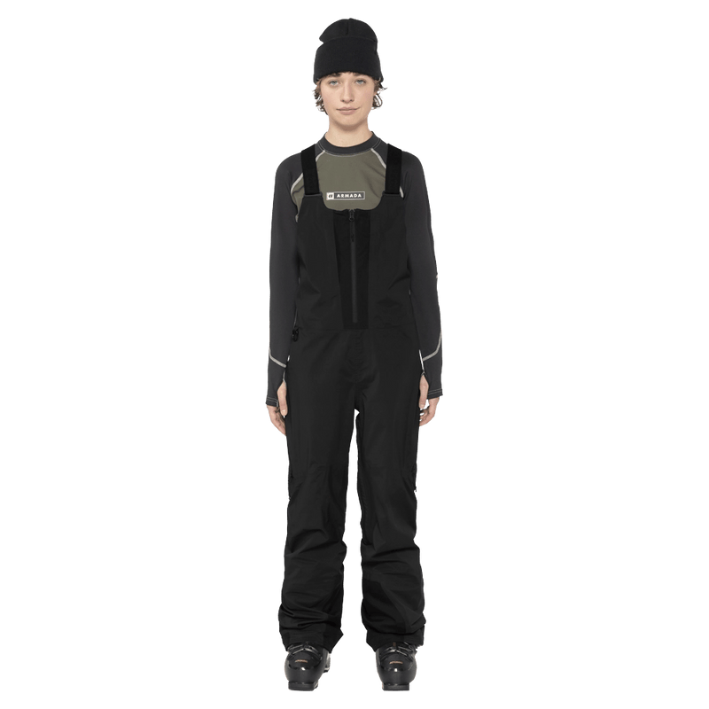 Full-body view of the Armada Rayleigh 3L Bib in Black colourway, women's model