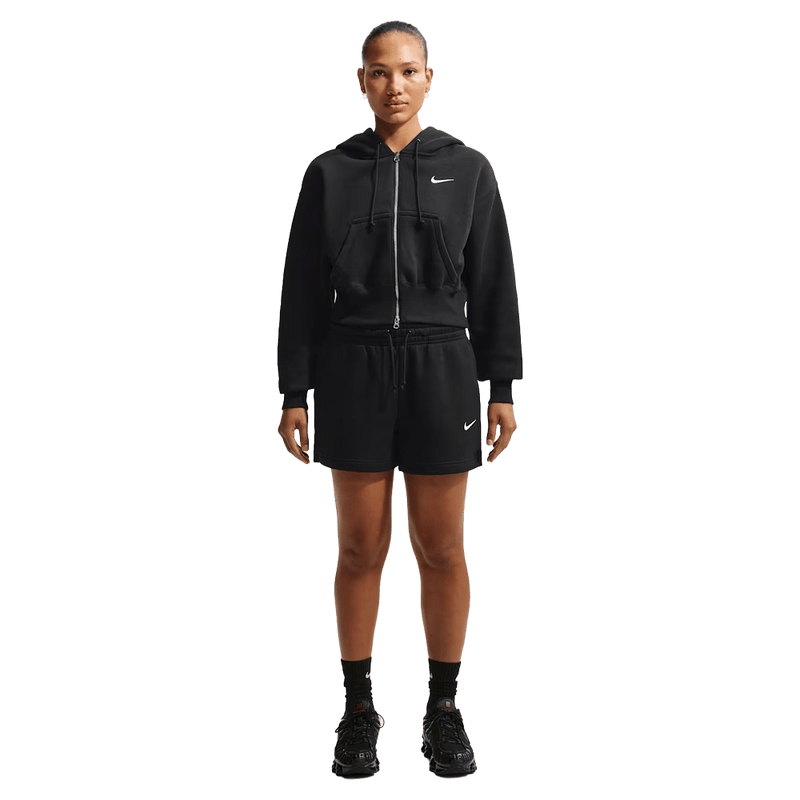 Front view of the Nike Sportswear Phoenix Fleece Full-Zip Cropped Hoodie in Black colourway, women model