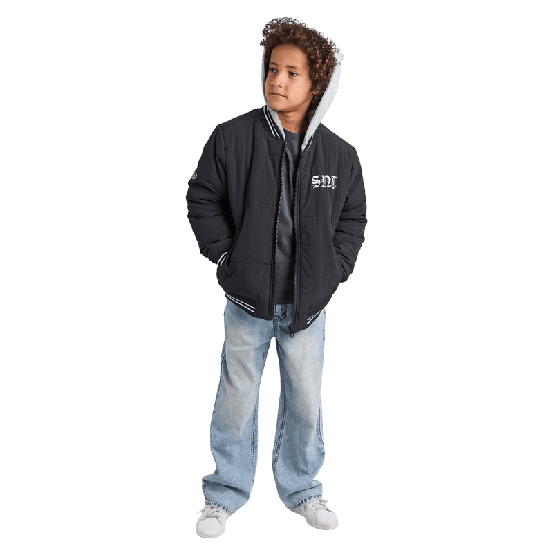 Full-body view of the St Goliath Global Bomber Jacket in Black colourway, kids's model