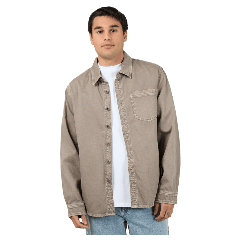 Main view of the St Goliath Moab LS Shirt in Mushroom colourway, men's model