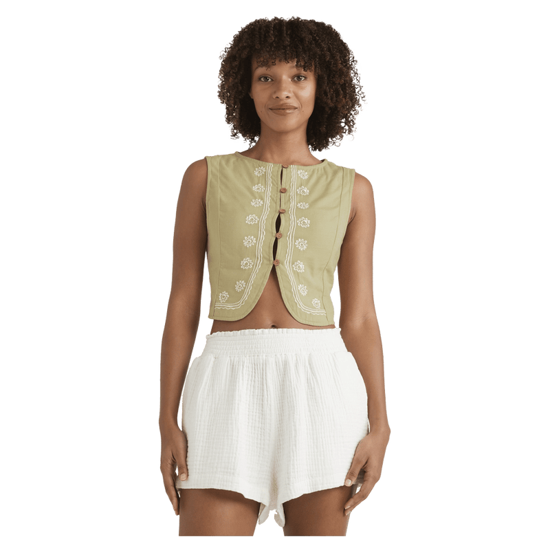 Front view of a woman wearing the Your Crush Shirt - Womens from Billabong in Light Olive