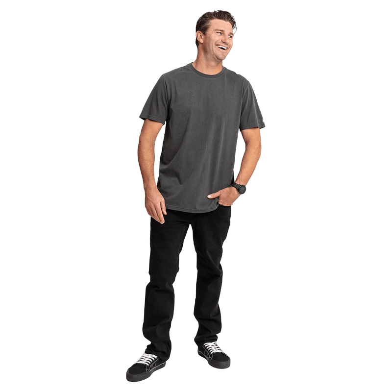Full-body view of the Volcom Aust Wash Tee in Black colourway, men's model