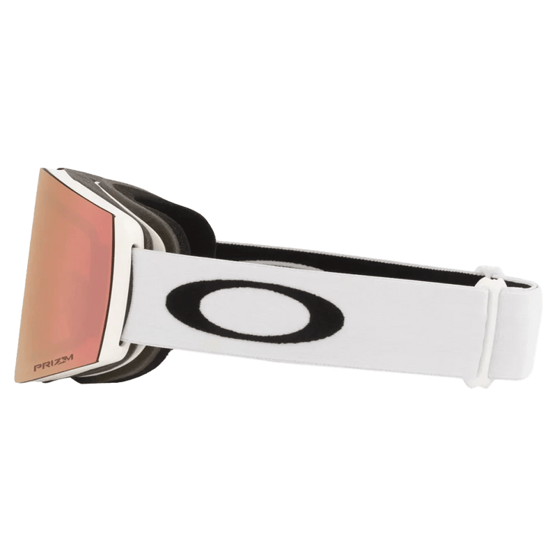 Side view of the Oakley Fall Line XL Goggles in Matte White, Prizm Rose Gold lens, unisex model