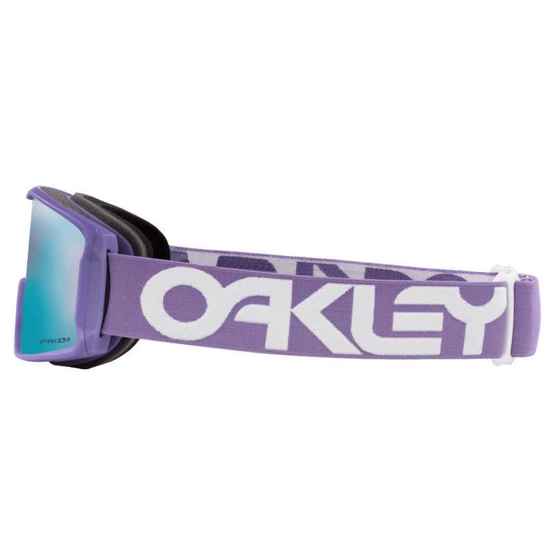 Side view of the Oakley Line Miner XM Goggles in Lilac, Prizm Sapphire lens, unisex model