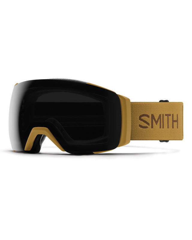 Smith I/O Mag XL ski goggles with a black lens and mustard tan frame and strap.