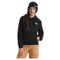 View of a woman wearing The North Face Evolution Box NSE Hoodie for Women in Black featuring a box logo graphic in white and black.