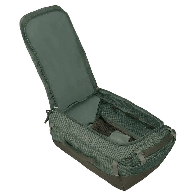 Open view of the OSPREY Transporter Duffel Backpack 40L Pine Leaf Bags,  26/27 Unisex's model