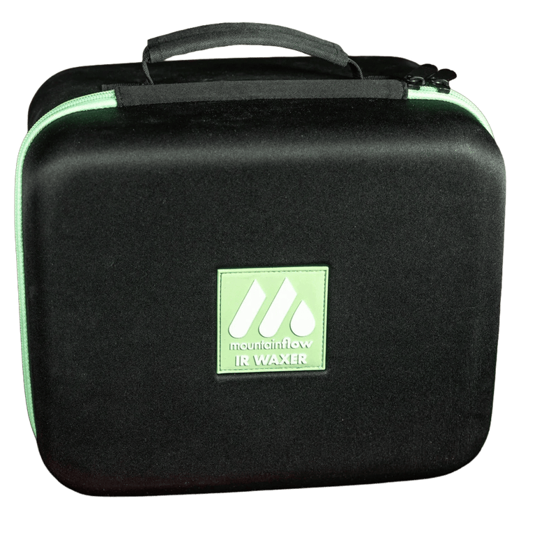 View of the Mountain Flow Infrared Waxer case. Black with green zip and branding