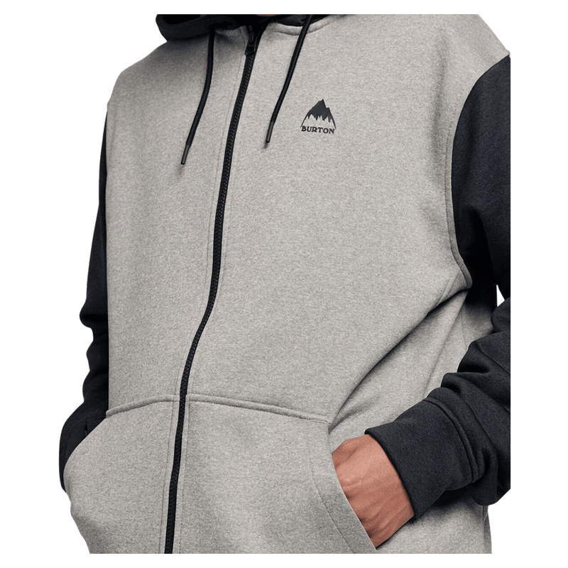 Close view of the Burton Oak Full-Zip Hoodie in True Black Heather colourway, mens's model
