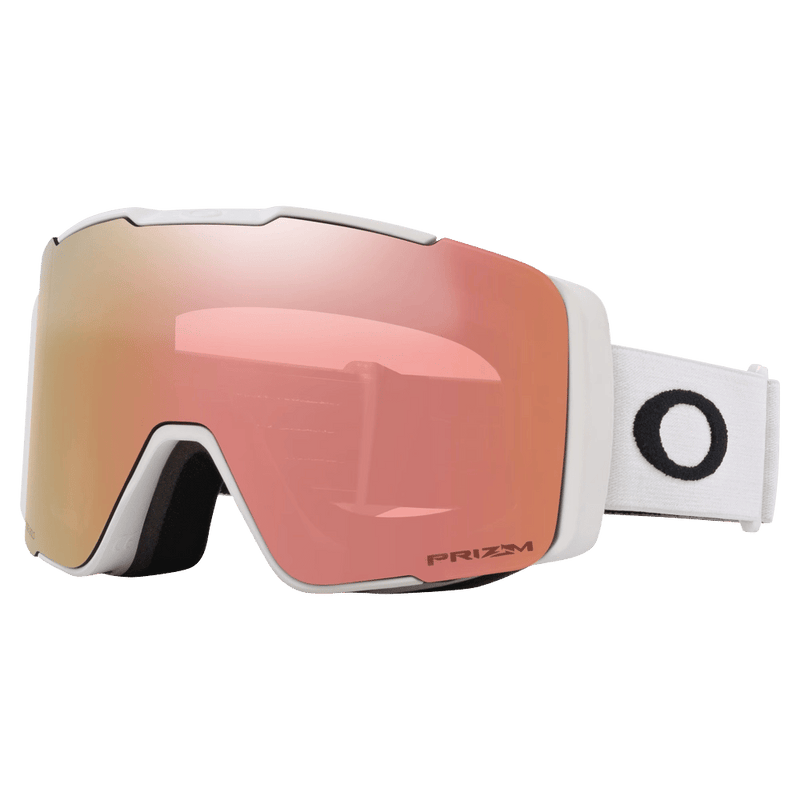 Main view of the Oakley Line Miner Pro XM Goggles in Matte White, Prizm Rose Gold and Sapphire lens, unisex model