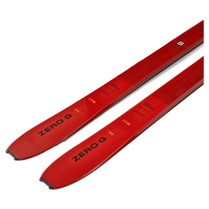 Blizzard Zero G 96 Ski featuring a red topsheet with orange branding