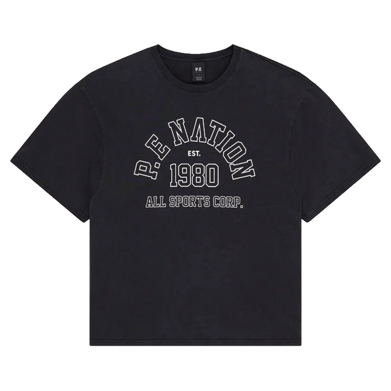 Solo view of the PE NATION Altitude Tee Washed Black Tee,  26/27 Womens's model