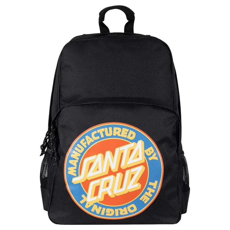 Front view of the Ranger Mfg Backpack from Santa Cruz in Black featuring a yellow, orange and blue cirle log on the front zip pocket, a black base and top carry handle.