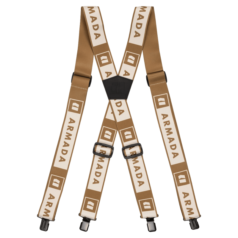 Main view of the Armada Stage Suspenders in Golden Brown colourway, unisex's model