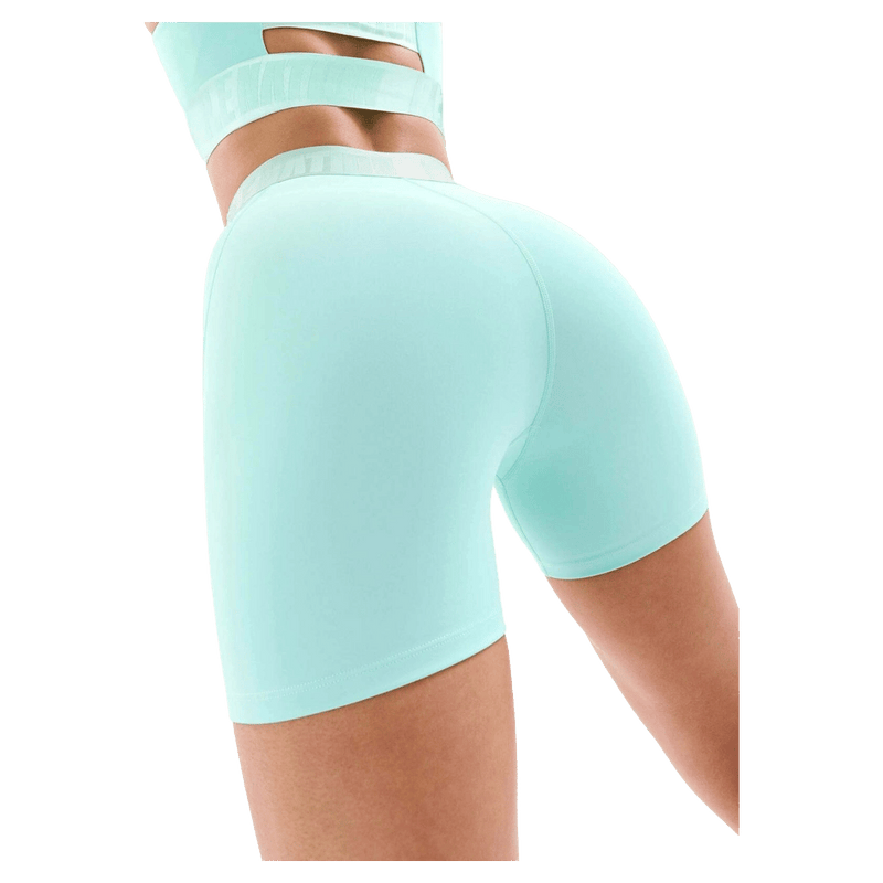 Side view of the PE NATION Backcheck Bike Short Aqua Bottoms,  26/27 Womens's model