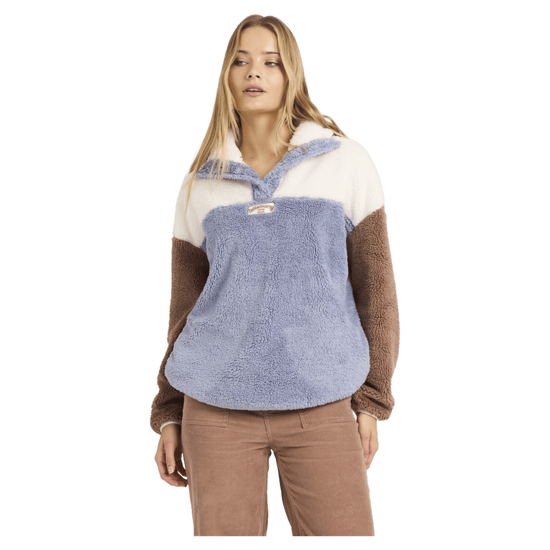 Front view of women wearing the Billabong Vibes Back Pullover - Womens  in Low Tide
