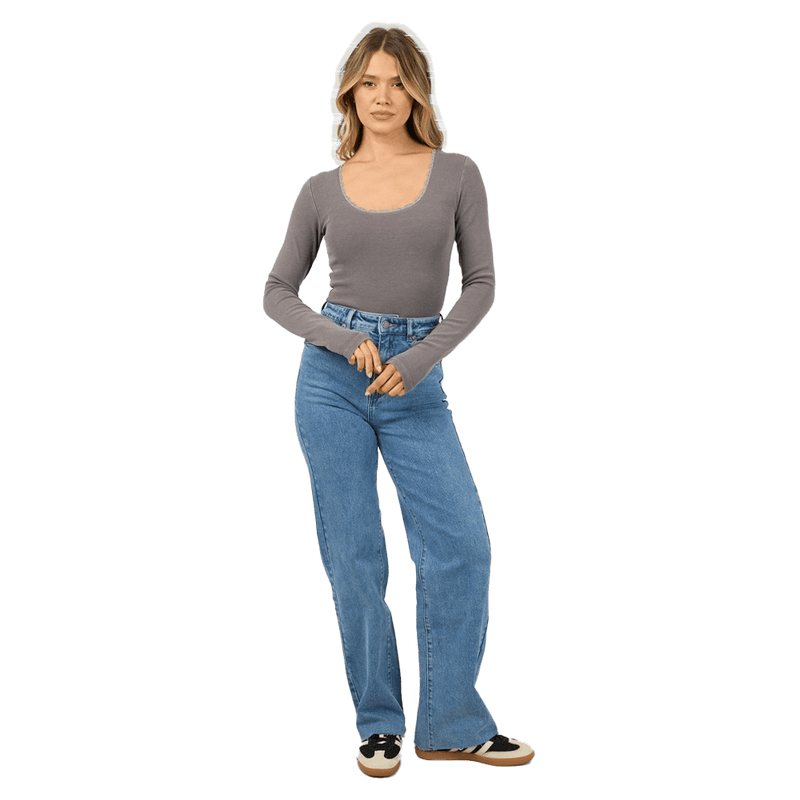 Washed Rib Scoop Neck L/S Tee - Womens