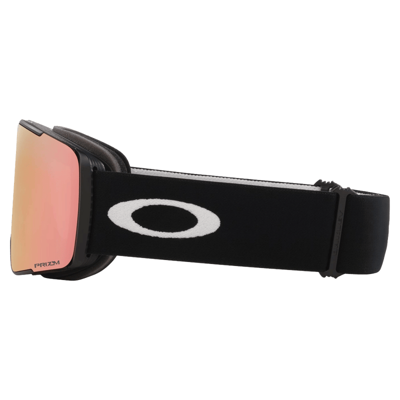 Side view of the Oakley Line Miner Pro XM Goggles in Matte Black, Prizm Rose Gold and Iced lens, unisex model