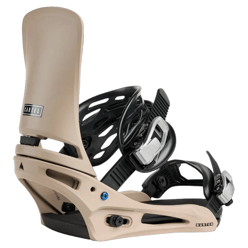 Side view of the Burton Cartel Bindings in Summit Taupe colourway, mens/unisex's model
