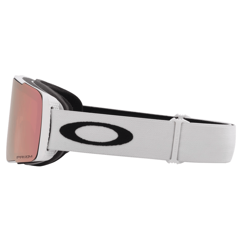 Side view of the Oakley Line Miner Pro XM Goggles in Matte White, Prizm Rose Gold and Sapphire lens, unisex model
