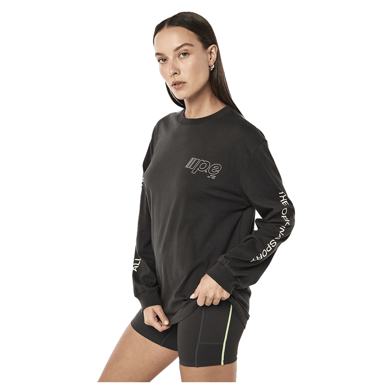 Side view of the PE NATION Glide Longsleeve Top Caviar Tops,  26/27 Womens's model