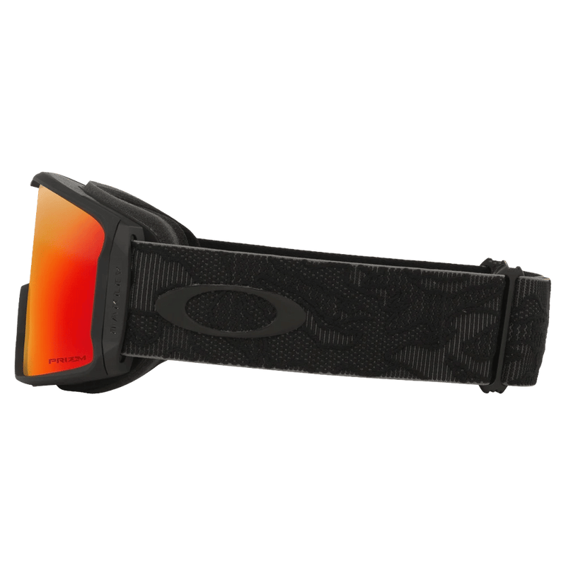Side view of the Oakley Line Miner XL Goggles in Black Camo, Prizm Torch lens, unisex model