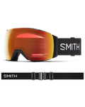 Smith I/O Mag XL snow goggles with red-orange mirrored lens, black frame, and adjustable black strap with white logo.