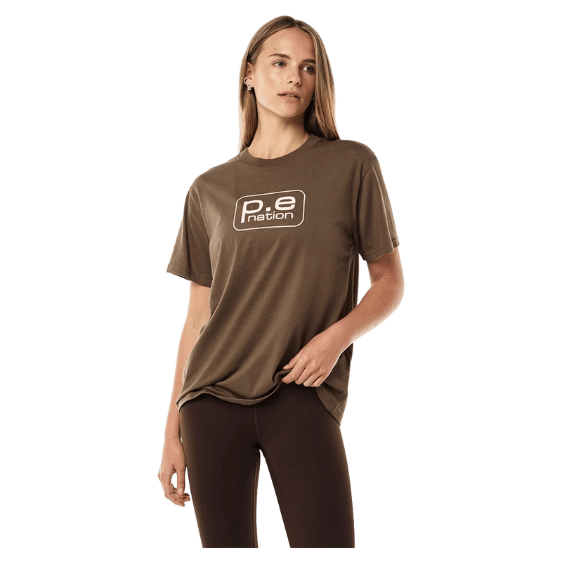 Front view of the PE NATION Fluxx Walnut Tee,  26/27 Womens's model
