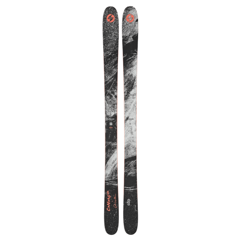 Top view of Blizzard Canvas 100 Ski 2027, black topsheet with sweeping white graphic and orange branding.