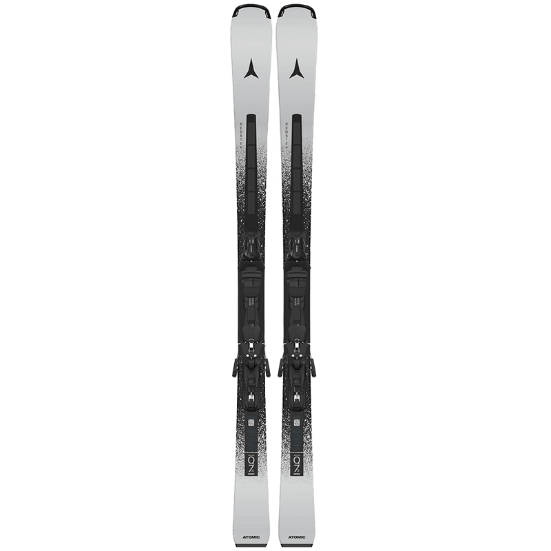 Top view of the Atomic 2027 Redster Q7.8 Revoshock C Ski with MI 12 GW Binding, featuring a white topsheet with speckled black detail through the midsection, black logo at the tips, black bindings, and silvery-white branding.