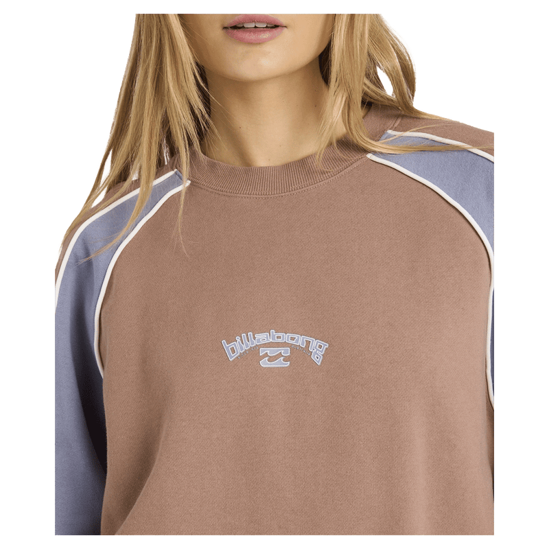 Front view of women wearing the Billabong Cool Times Crew - Womens in Sweet earth