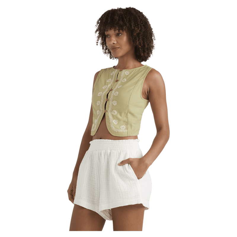 Side view of a woman wearing the Your Crush Shirt - Womens from Billabong in Light Olive