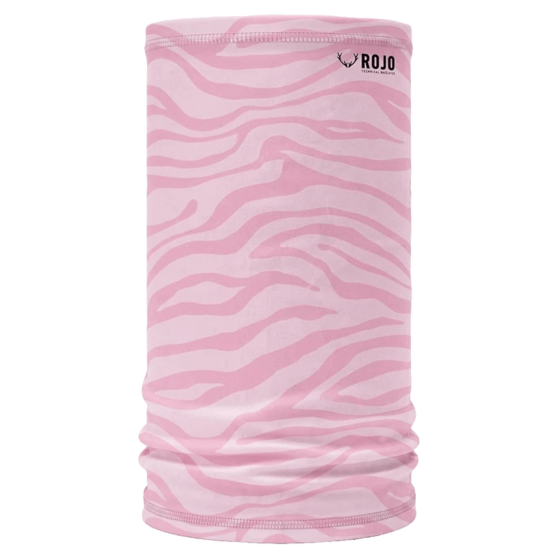 Pink zebra print Rojo Ultra Neck Tube for kids with a small black logo and stitched edges.