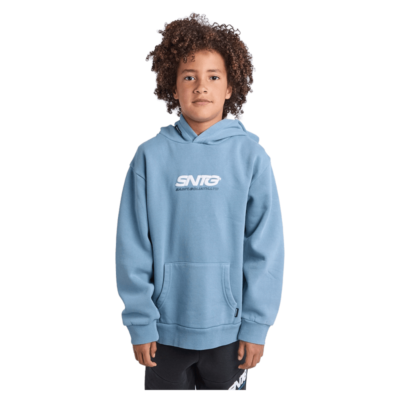 Front view of the St Goliath Challenger Hoodie in Mid Blue colourway, kids's model