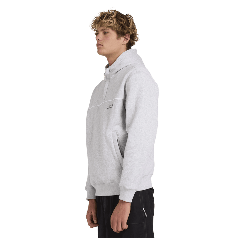 Side view of man wearing the Billabong Adiv Mock Pop Hoodie in Light Grey Heather