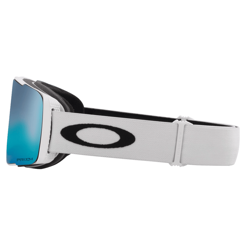 Side view of the Oakley Line Miner Pro XM Goggles in Matte White, Prizm Sapphire and Iced lens, unisex model