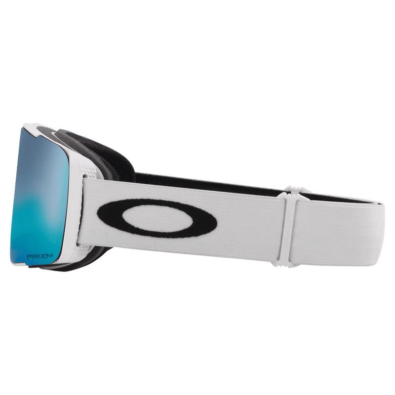 Side view of the Oakley Line Miner Pro XL Goggles in White, Prizm Sapphire and Iced lens, unisex model