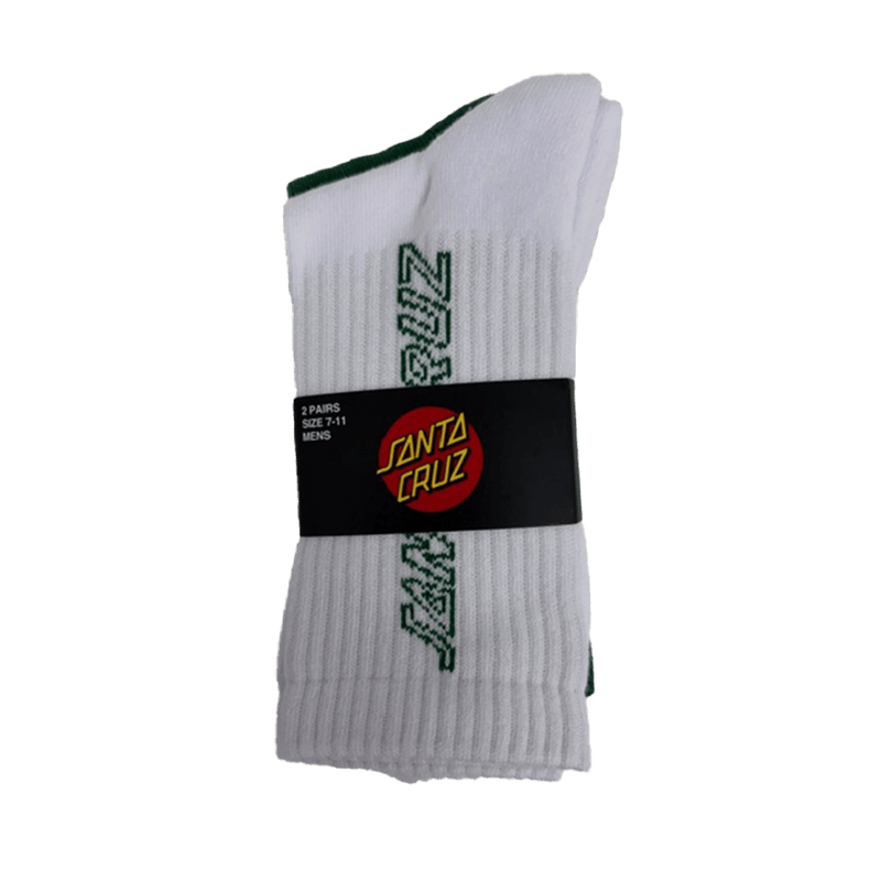 View of the Santa Cruz SC Hollow Strip Sock. Featuring a folded white crew sock with green branding and black packaging wrapped around the middle.