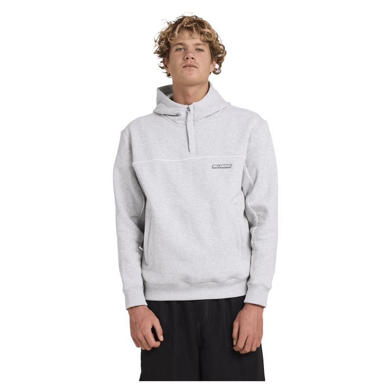 Front close view of man wearing the Billabong Adiv Mock Pop Hoodie in Light Grey Heather