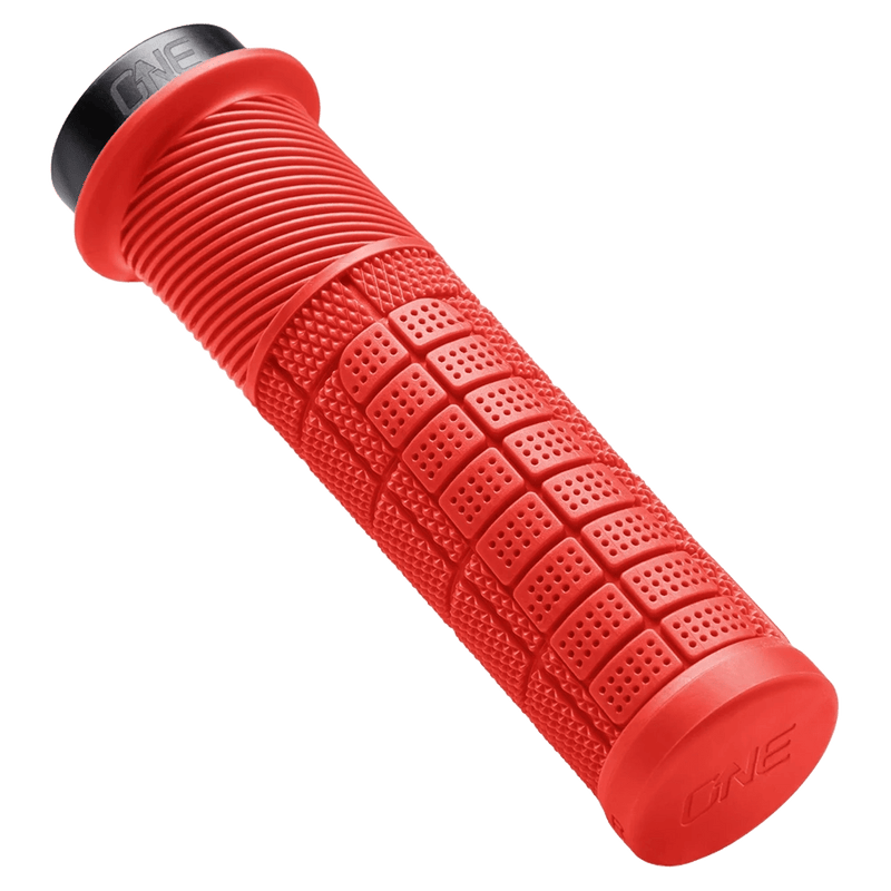 Main view of the One Up Thick Bike Grips in Red colourway, unisex model