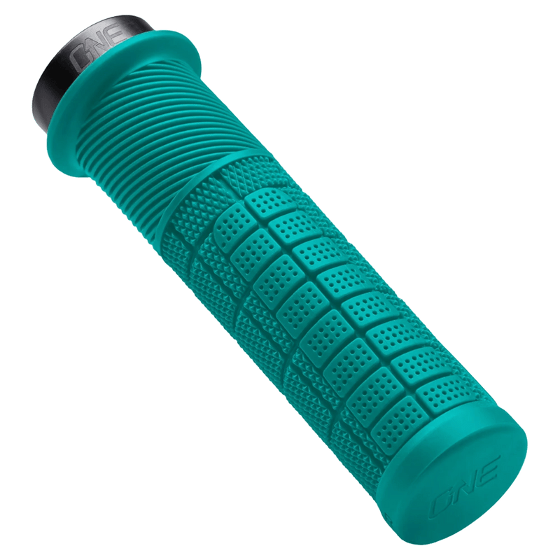 Main view of the One Up Thick Bike Grips in Turquoise colourway, unisex model