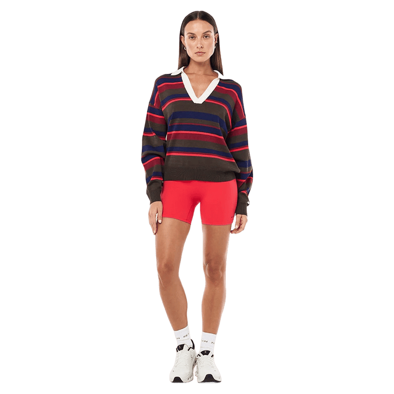 Full view of the PE NATION Retreat Stripe Collar Knit Strawberry Stripe Shirt,  26/27 Womens's model